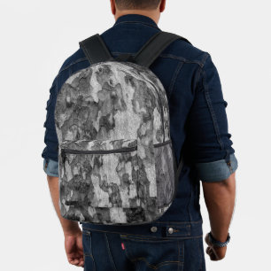 Gray wood bark camo Black and White Printed Backpack