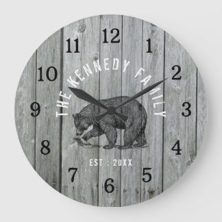 Gray Wood Black Bear Cabin House Family Name Large Clock