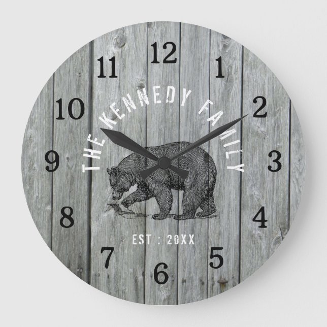 Gray Wood Black Bear Cabin House Family Name   Large Clock (Front)