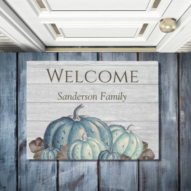 Gray Wood Blue Pumpkin Rustic Cute Doormat (Creator Uploaded)