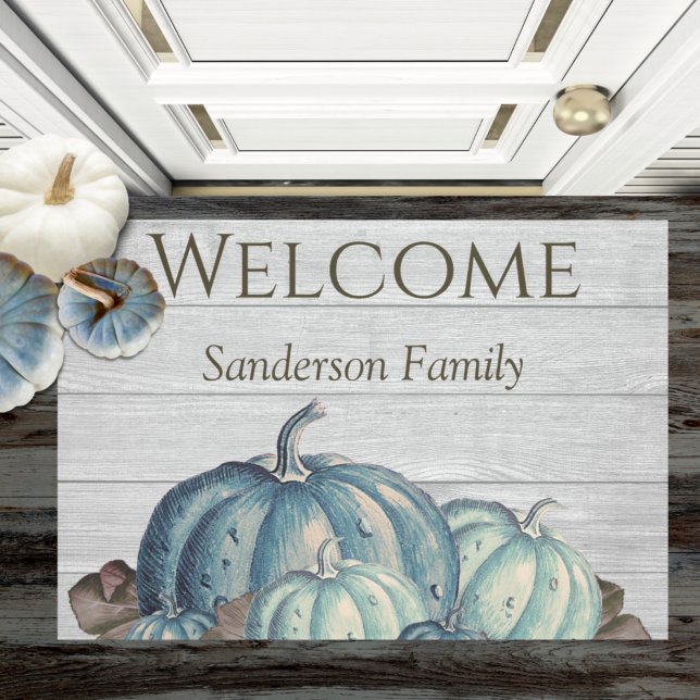 Gray Wood Blue Pumpkin Rustic Cute Doormat (Creator Uploaded)