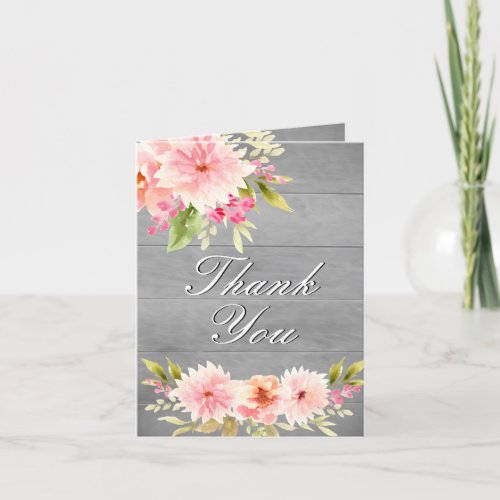 Gray wood blush florals photo rustic wedding thank you card