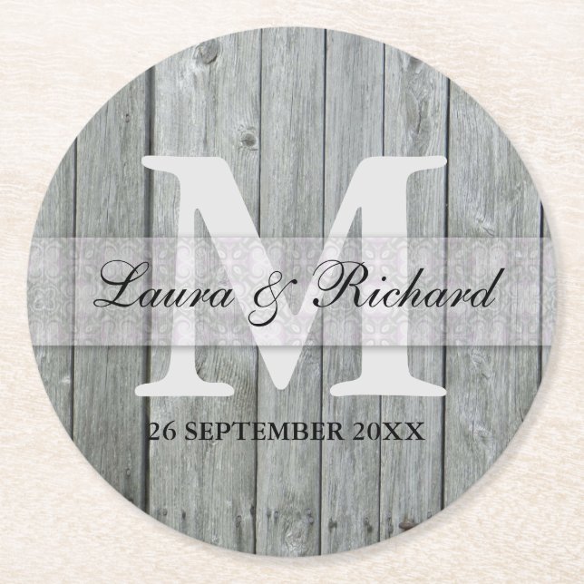 Gray Wood Bride And Groom Wedding Monogram Round Paper Coaster (Front)