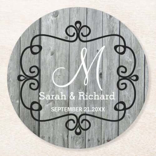 Gray Wood Country Wedding Monogram Round Paper Coaster