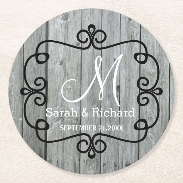 Gray Wood Country Wedding Monogram Round Paper Coaster (Front)