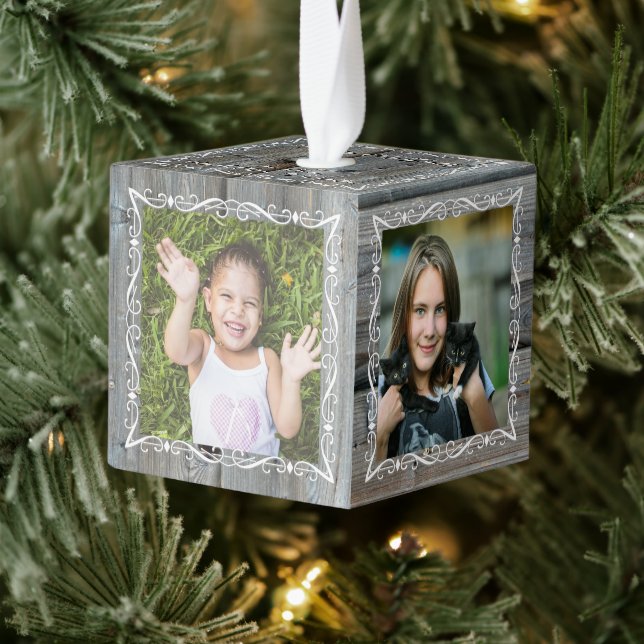 Gray Wood Cube Family Photo Ornament (Tree)