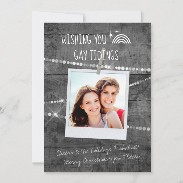 Gray Wood Cute Gay Tidings LGBT Photo Holiday Card (Front)