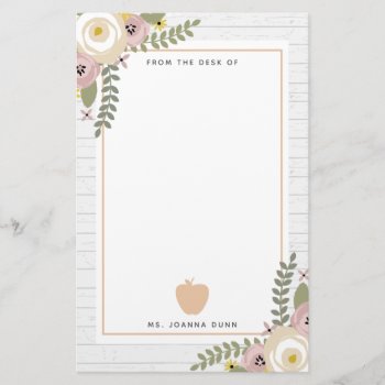 Gray Wood Dusty Floral Apple Teacher Personalized Stationery by thepinkschoolhouse at Zazzle