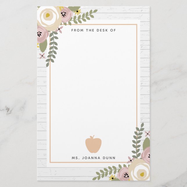 Gray Wood Dusty Floral Apple Teacher Personalized Stationery (Front)