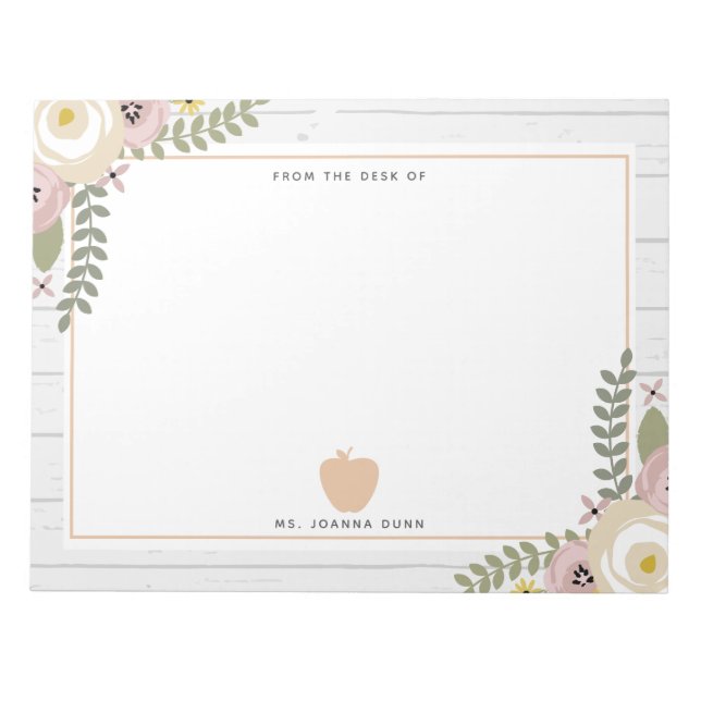 Gray Wood Dusty Floral Pink Apple Teacher Notepad (Front)
