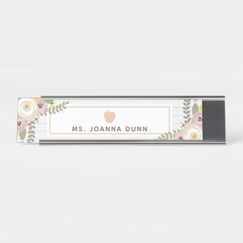 Gray Wood Dusty Floral Teacher Nameplate