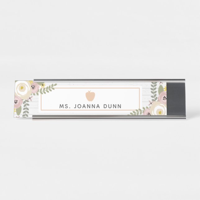 Gray Wood Dusty Floral Teacher Nameplate (Front)
