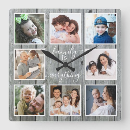 Gray Wood Family Is Everything Quote 8 Photo Frame Square Wall Clock