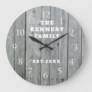 Gray Wood Family Name Farmhouse Personalized Large Clock