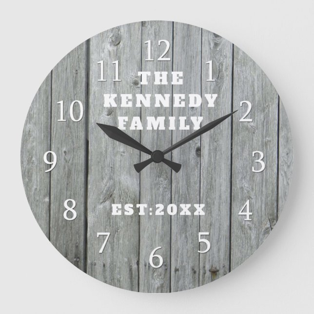 Gray Wood Family Name  Farmhouse Personalized Large Clock (Front)