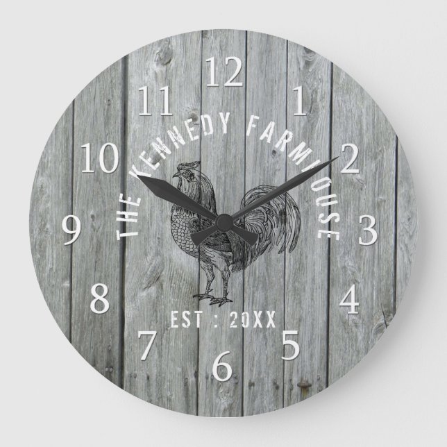 Gray Wood Family Name Farmhouse Rooster Large Clock (Front)
