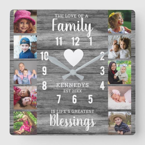 Gray Wood Family Quote  10 Square Photo Collage  Square Wall Clock