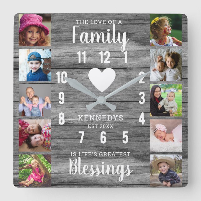 Gray Wood Family Quote  10 Square Photo Collage  Wall Clock (Front)