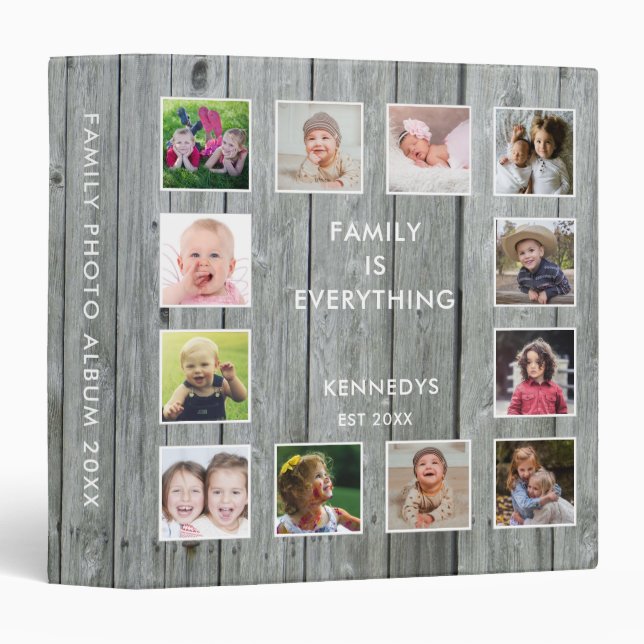 Gray Wood Family Quote 12 Photo Collage Album 3 Ring Binder (Front/Spine)