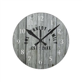 Gray Wood Farmhouse Family Name Large Clock