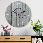 Gray Wood Farmhouse Family Name Large Clock<br><div class="desc">Gray Wood Family Name Farmhouse Wall Clock - Farmhouse style wall clocks for the perfect addition to give your kitchen a country decor look.Personalize with family name and established year for an unique farmhouse wall clock.</div>