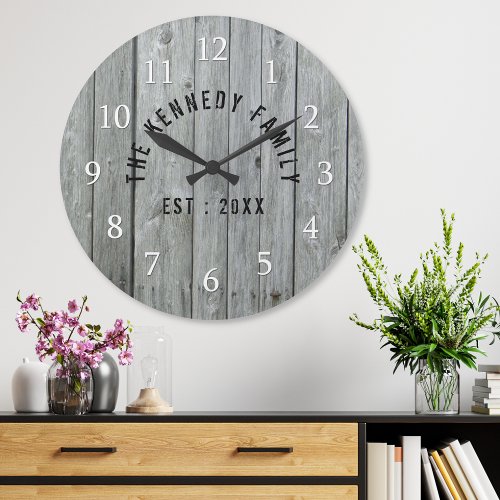 Gray Wood Farmhouse Family Name Large Clock