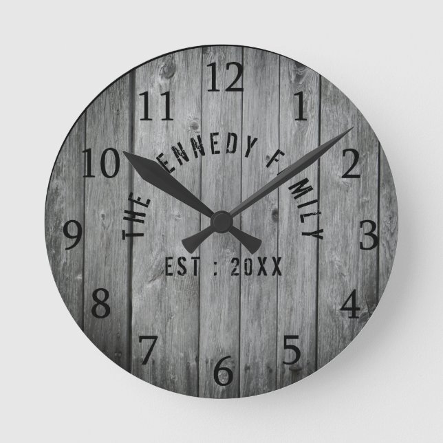 Gray Wood Farmhouse Family Name Round Clock (Front)