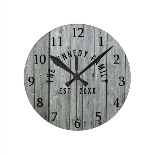 Gray Wood Farmhouse Family Name Round Clock