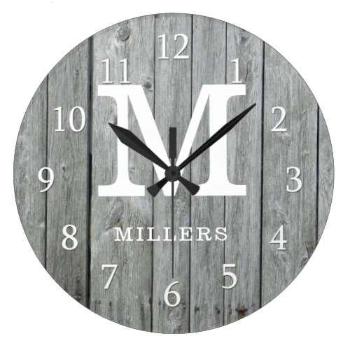 Gray Wood Farmhouse Monogram Large Clock