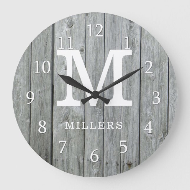 Gray Wood Farmhouse Monogram Large Clock (Front)