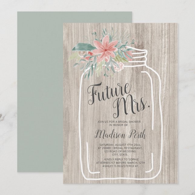 Gray wood floral mason jar script bridal shower invitation (Front/Back)
