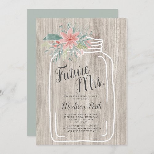 Gray wood floral mason jar script bridal shower invitation