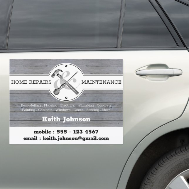 Gray Wood Grain Handyman Construction Professional Car Magnet (In Situ)