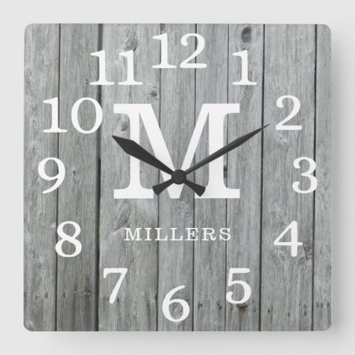 Gray Wood Large Numbers Family Name Monogram  Square Wall Clock