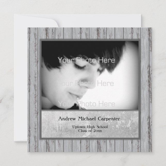 Gray Wood Look Grunge Photo Card Invitation (Front)