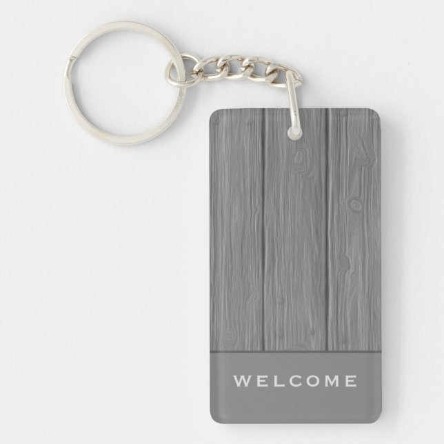 Gray Wood Plank | Welcome | Vacation Rental Keychain (Front)