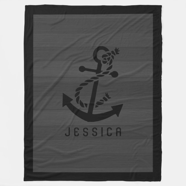 Gray Wood Planks Black Nautical Anchor Fleece Blanket (Front)