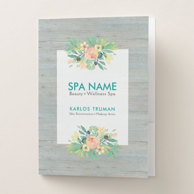 Gray wood planks & flowers bouquet pocket folder (Front)