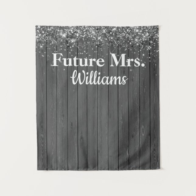 Gray Wood Silver Glitter Future Mrs Bridal Shower Tapestry (Front)