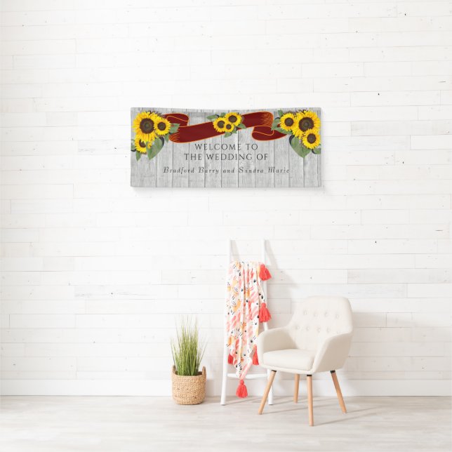 Gray Wood Terracotta Sunflower Rustic Wedding  Banner (Insitu)