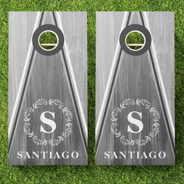 Gray Wood Triangle Stripe Wreath Monogram Name Cornhole Set (Creator Uploaded)