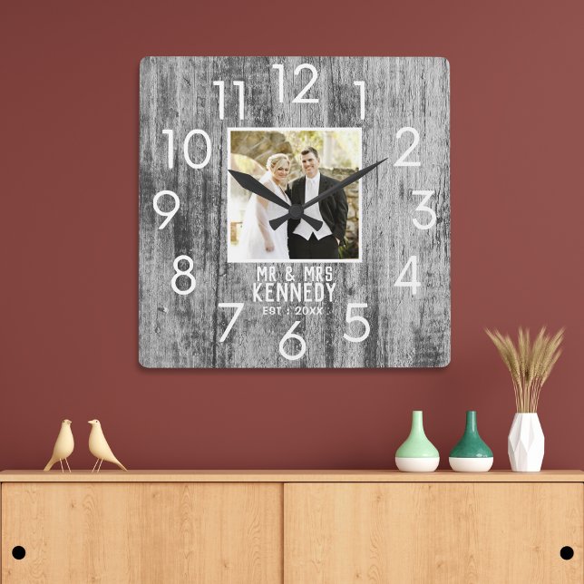  Gray Wood Wedding Anniversary Personalized Photo  Square Wall Clock (Gray Wood Wedding Anniversary Personalized Photo Square Wall Clock)