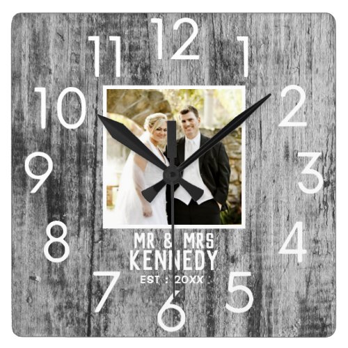  Gray Wood Wedding Anniversary Personalized Photo  Square Wall Clock
