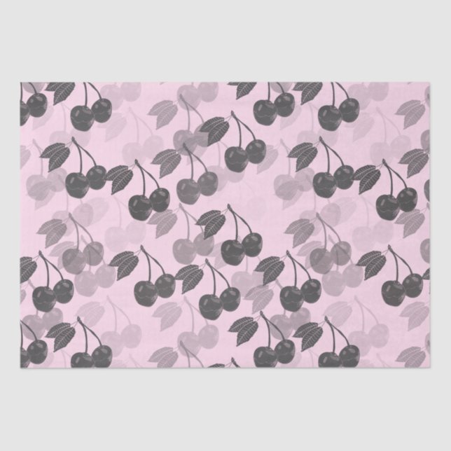 Gray Woodcut Cherry Design on Pretty Pink Tissue Paper (Front)