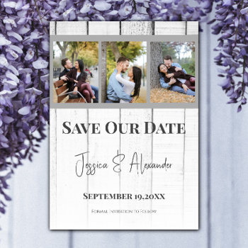 Gray Wooden Photo Collage Save The Date by trendythings at Zazzle