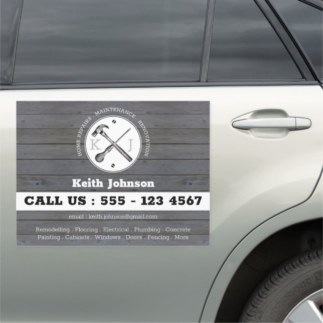 Gray Woodgrain Construction Handyman Monogram Logo Car Magnet (In Situ)
