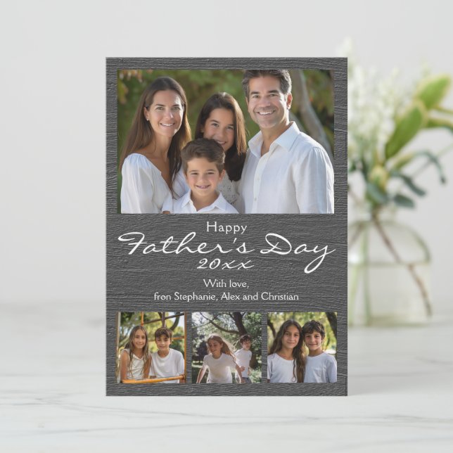 Gray Woodgrain Modern 4 Photo Father's Day Invitation (Standing Front)