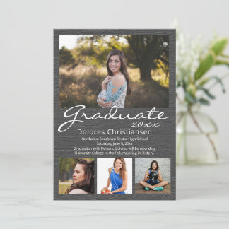 Gray Woodgrain Modern 4 Photo Graduation Invitation