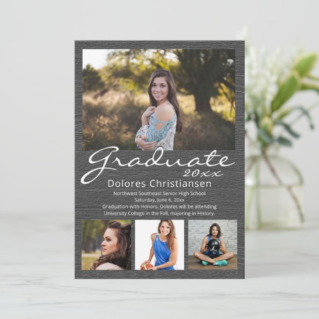 Gray Woodgrain Modern 4 Photo Graduation Invitation (Standing Front)
