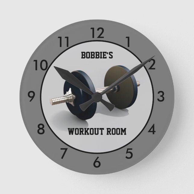 Gray Workout Room Fitness Personalized Round Clock (Front)